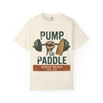 Pump or Paddle Venice Beach T-Shirt | Gym & Surf Dumbbell Surfboard Design