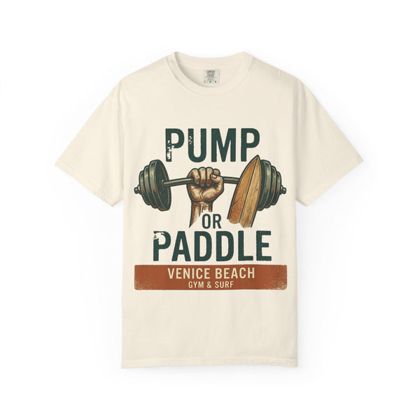 Pump or Paddle Venice Beach T-Shirt | Gym & Surf Dumbbell Surfboard Design