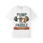 Pump or Paddle Venice Beach T-Shirt | Gym & Surf Dumbbell Surfboard Design