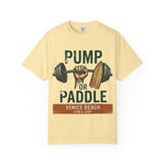 Pump or Paddle Venice Beach T-Shirt | Gym & Surf Dumbbell Surfboard Design